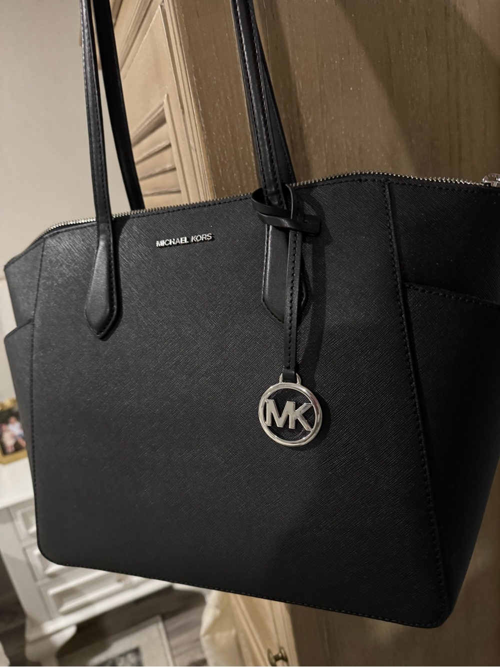 Michael Kors Black Saffiano Tote with Silver MK Pendant